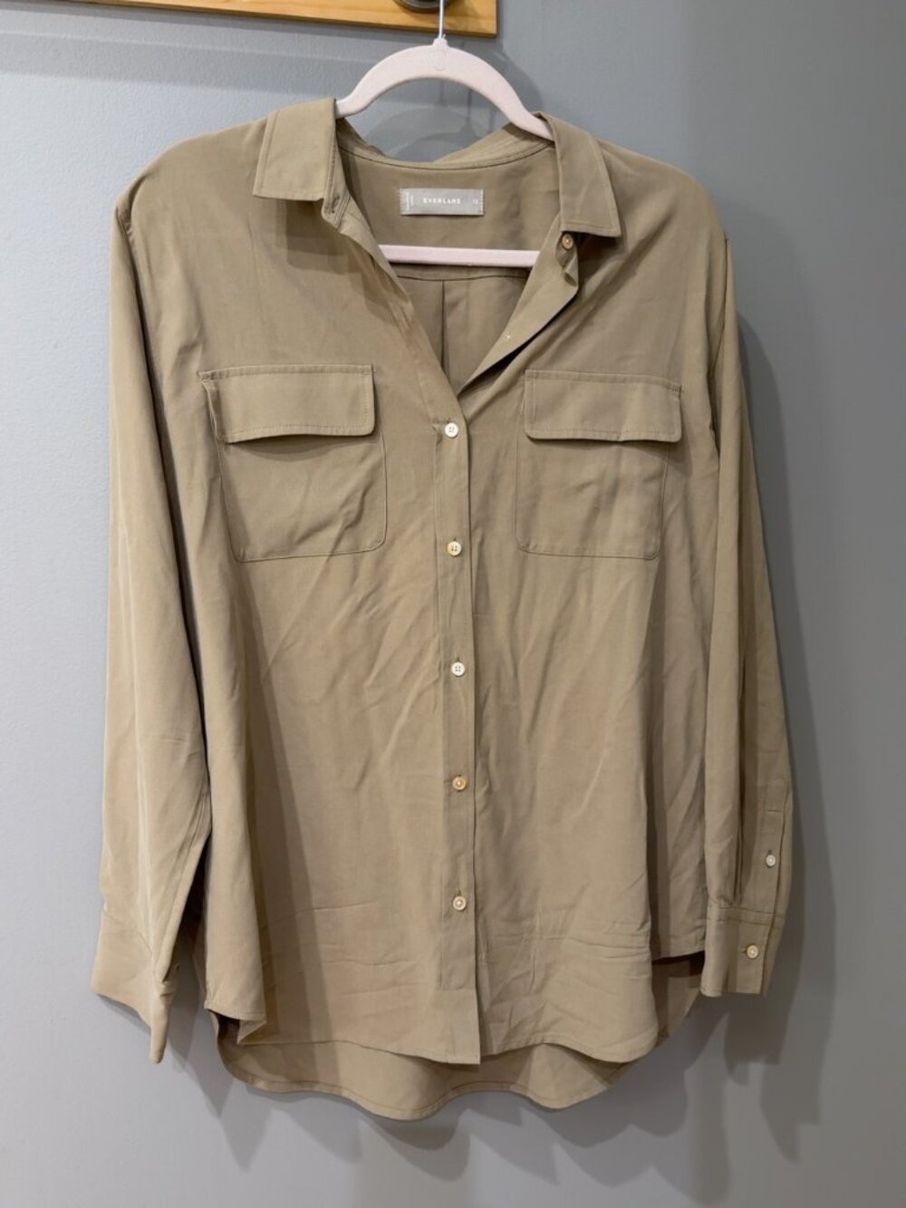 Everlane Utility Shirt, Washable, Silk, Tan Button Down, Size 12